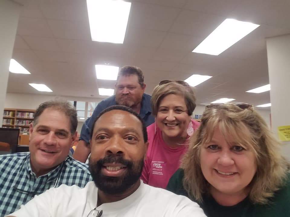 Rick Hatcher, Tim Monroe, Danny McBride. Karen Piper, and Cheryl Dodson (ONeal) at 1st meeting of 40th Reunion Committee at BHS on October 5, 2019.
