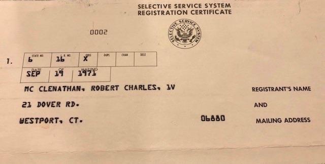 Rob McClenathan's Selective Service Registration Certificate