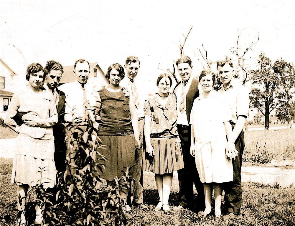 On the front lawn of 118 South Union Road, Mother, Dad, Uncle Howard, Aunt Myrtle,Uncle Norm, Aunt Lea, Uncle Art,Aunt Marguerite, Uncle Al. Circa late &#039;20&#039;s.