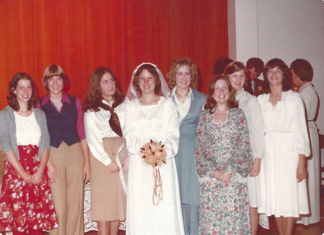 Janice Wierlo’s Wedding Reception, November 1977   Janis Knorr, Kathy Sanky, Alice Goldberg, Janice Wierlo, Sheryl Westman, Lena Jensen, Connie Burling, Elaine Marston