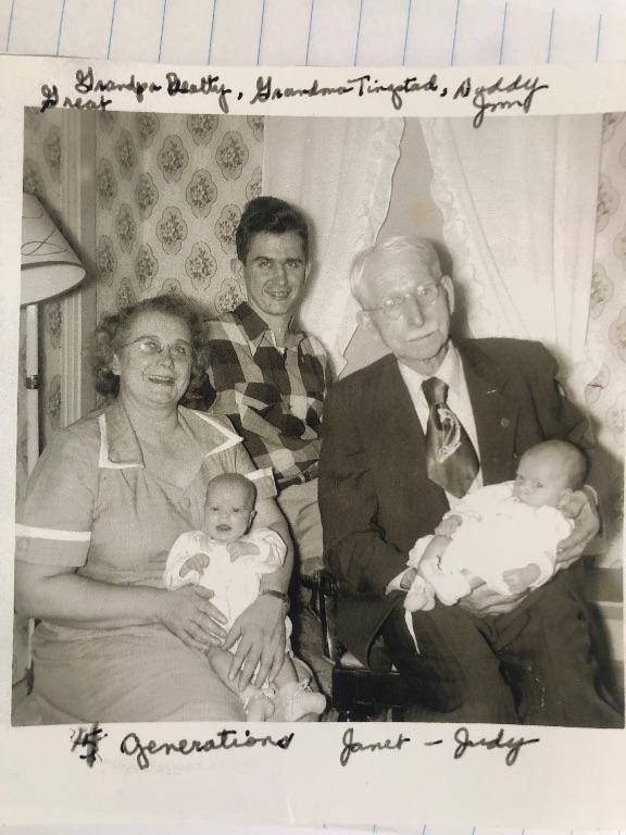 Photo of Jessie Beatty Tingstead with her father, her son, and her granddaughters.