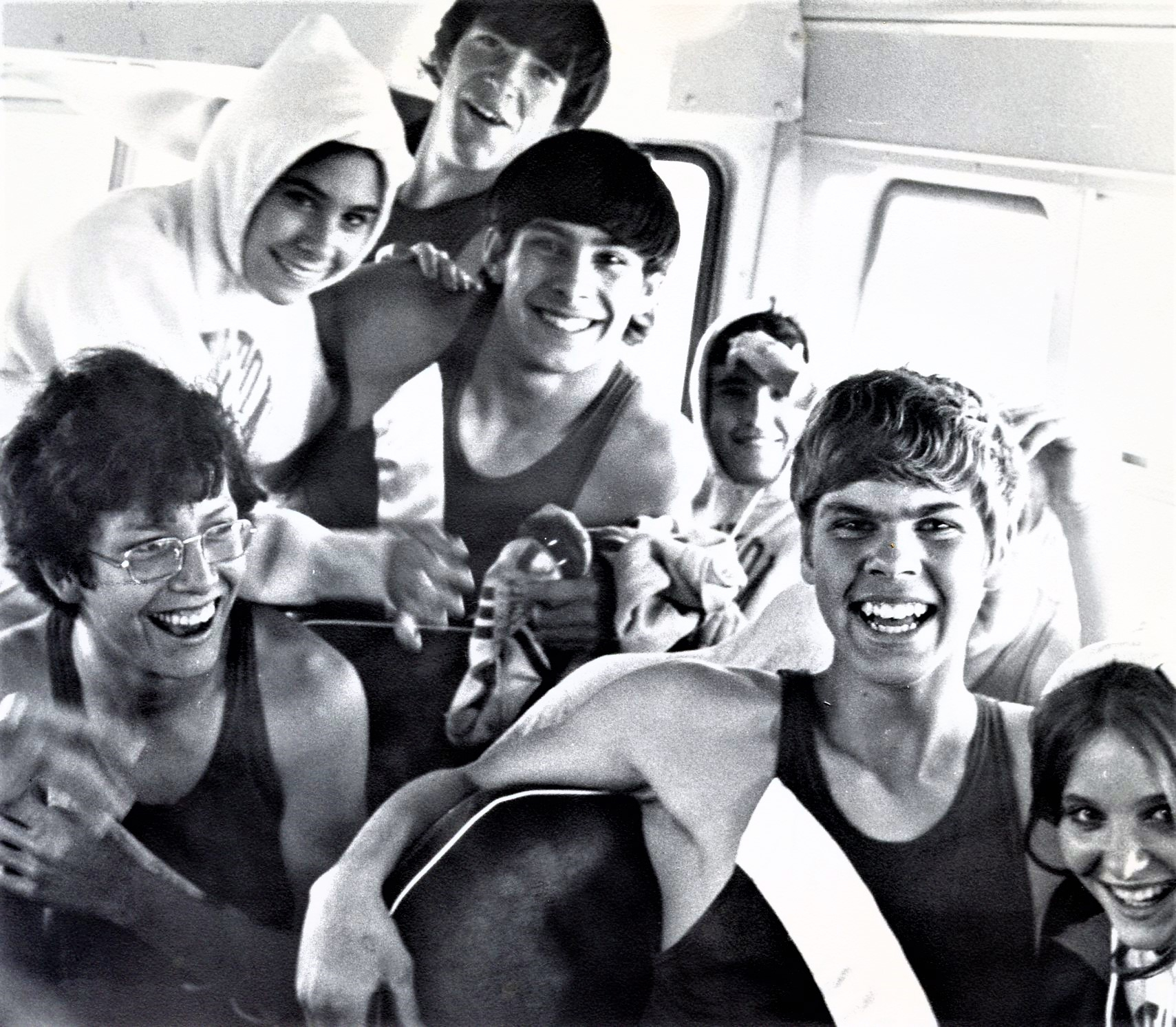 Bus trip on the way home from a track meet where we snuck several girls on for the ride.  Tina Bellman, Mark Clements, Pat Brunk, Kim Steele