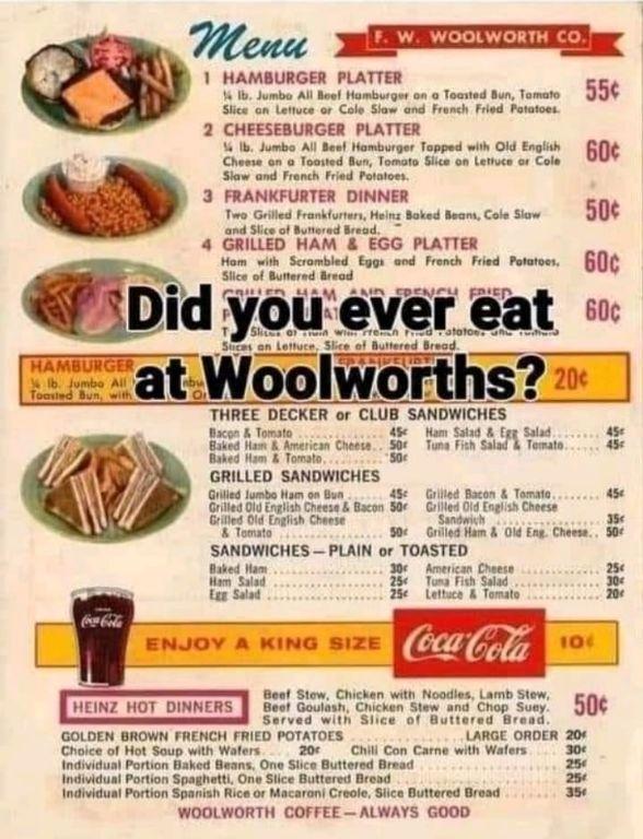 Woolworth's Lunch Counter Menu