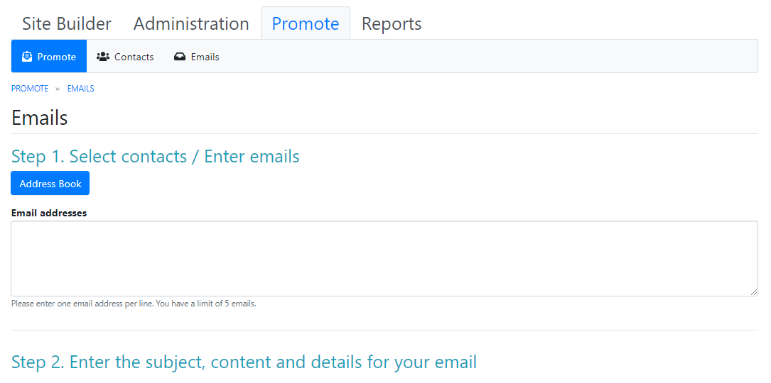 Screen capture of the Emails setup screen available within the Promote tab