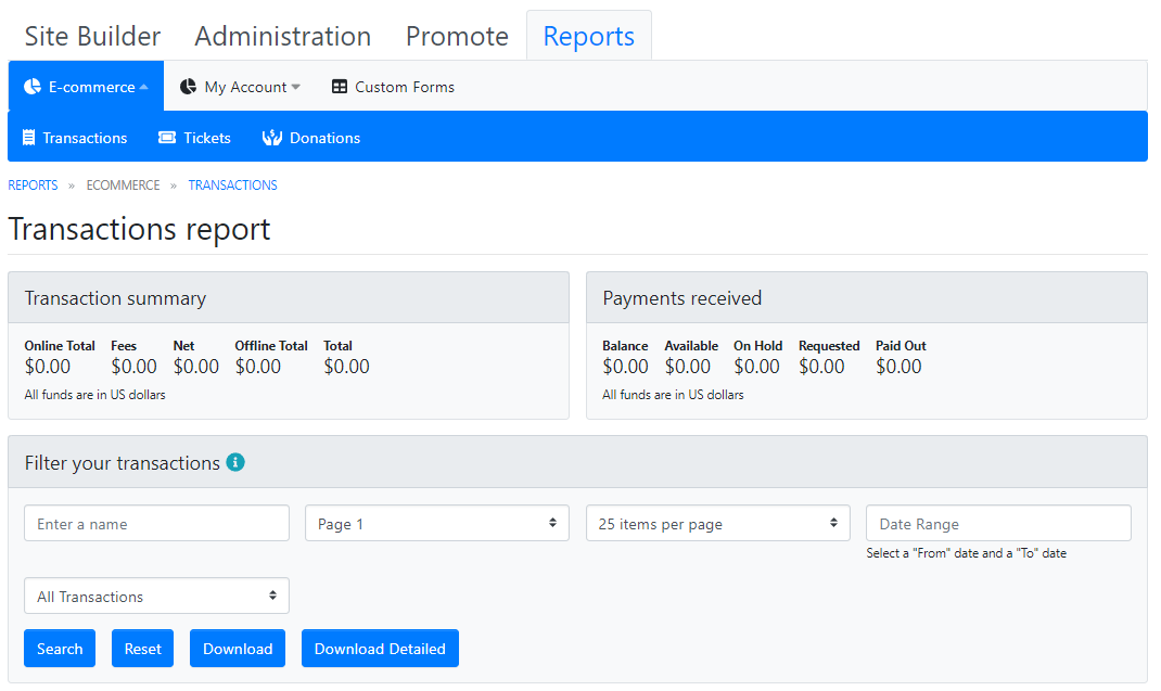 Screen capture of the All Transactions area available within the Reports tab