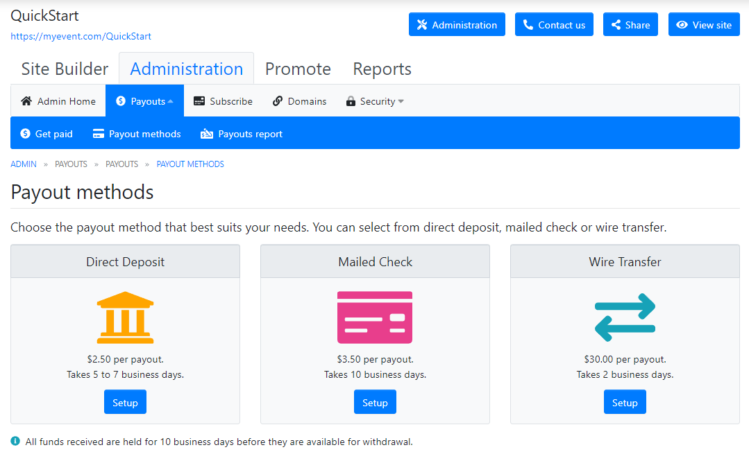 Screen capture of the Payout Methods setup screen available within the Administration tab