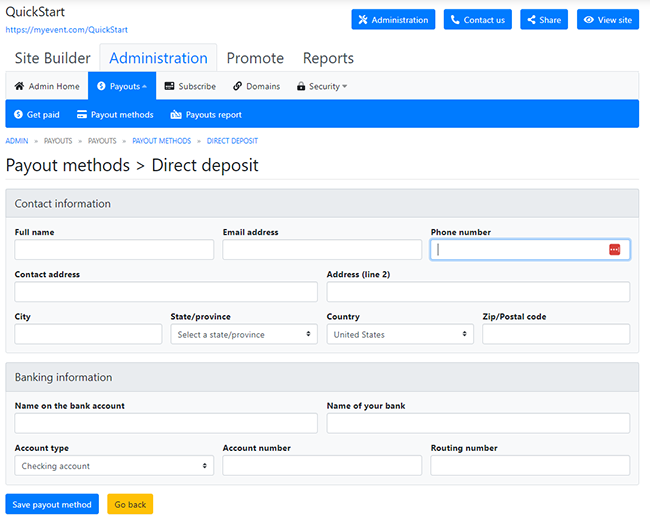 Screenshot of the Direct Deposit payout method setup