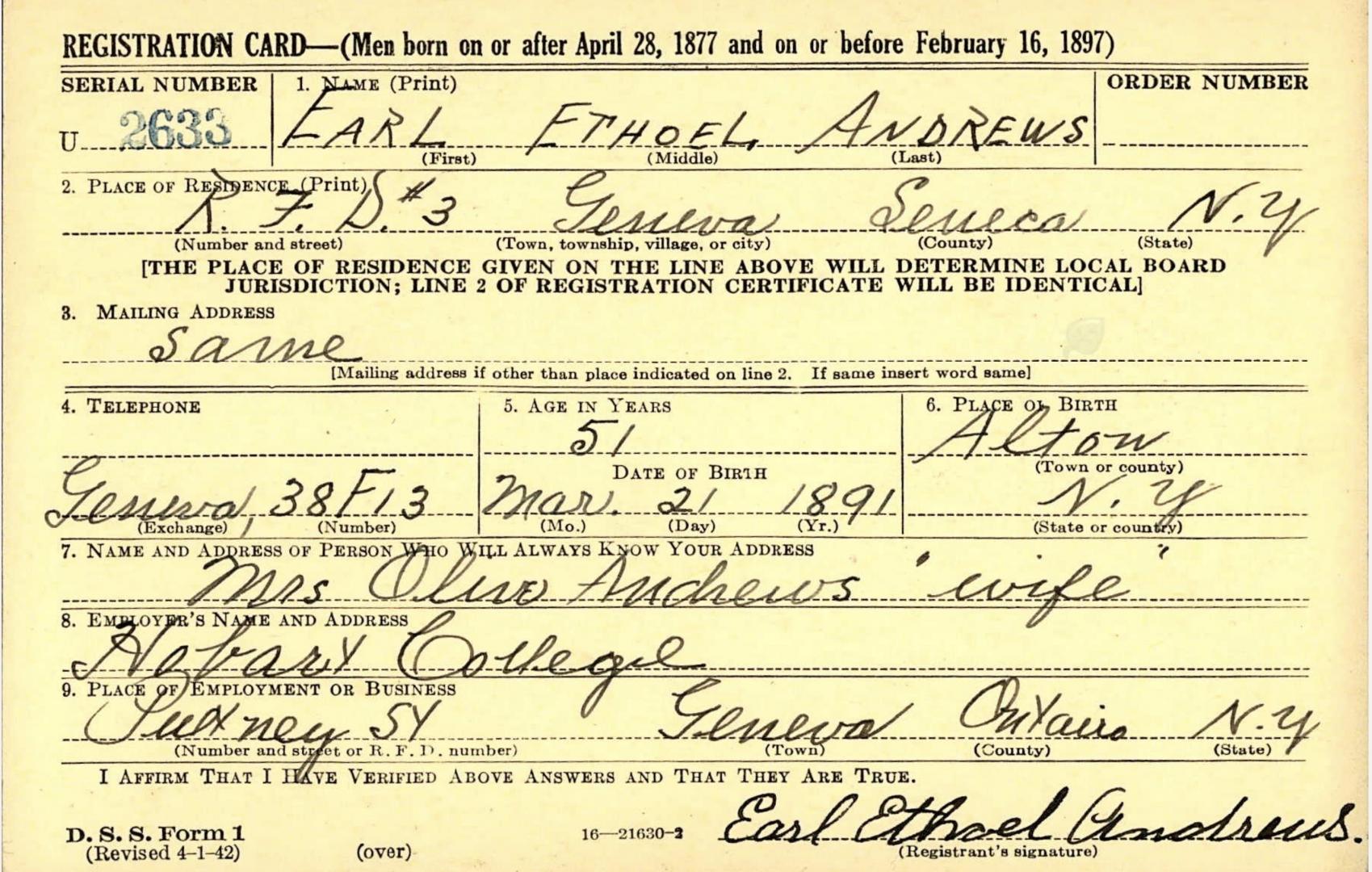 Uncle Earl Andrews draft card.