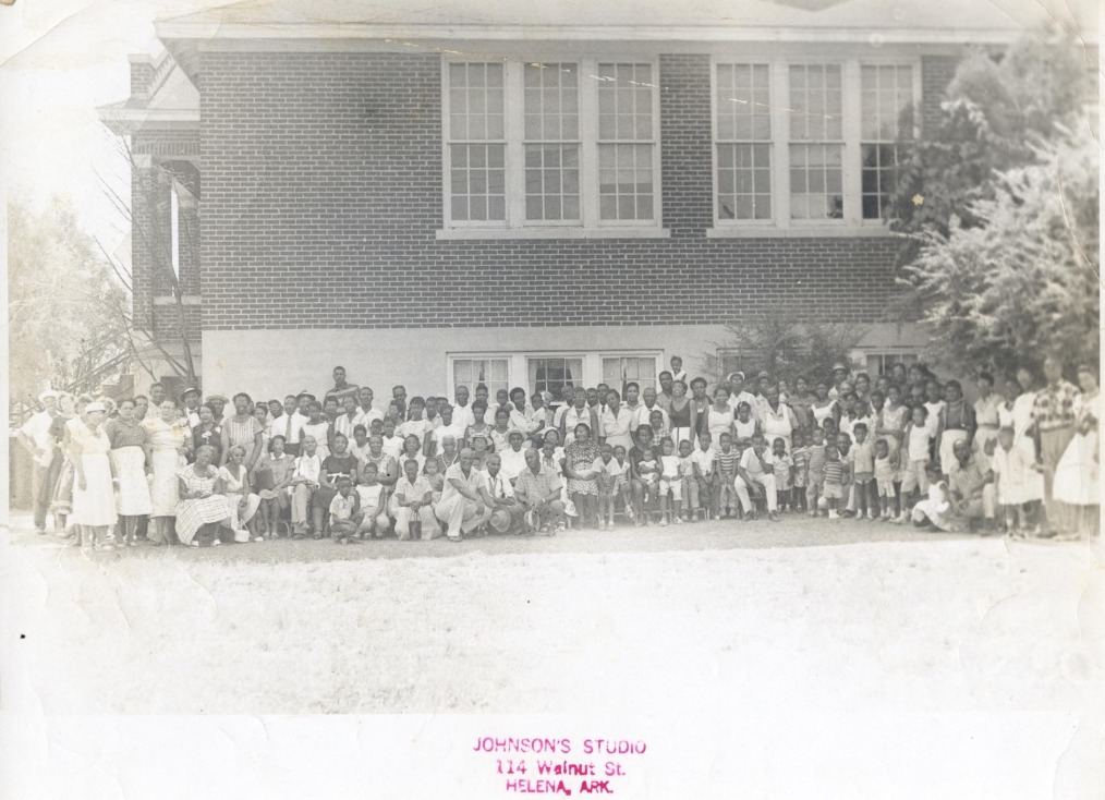 This is the first known reunion photo. Location:  Brickeys. AR.  1961 Sponsors: Lue Birdie Collins Keown, and Teresa Brooks. Date: o/a 1961.