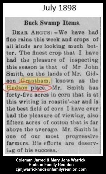1898, 7-0 -Reference to Hudson Place in Grantham, NC.
