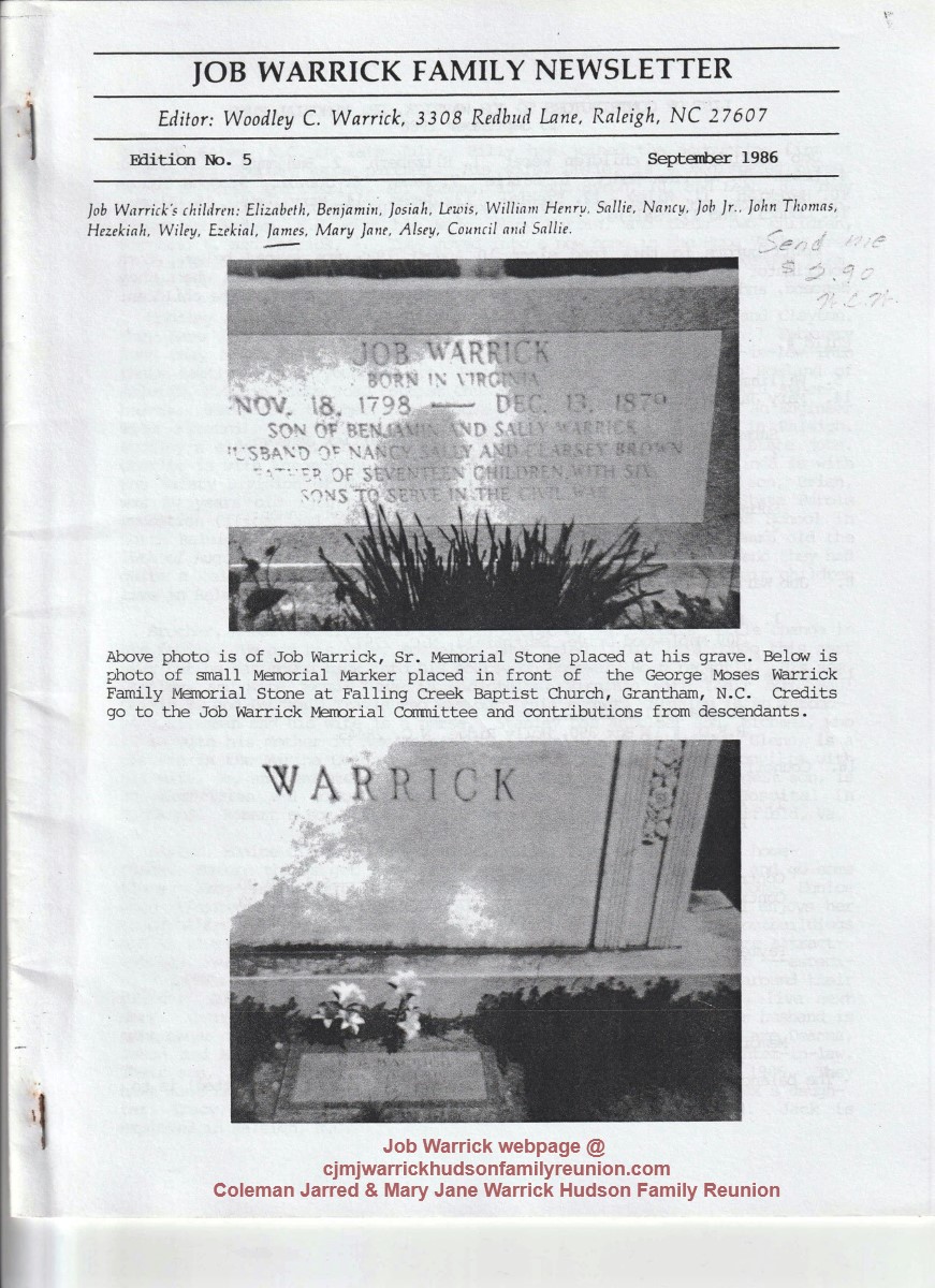 1986, Aug. - Job Warrick [Sr.] Family Newsletter (Page 1 of Edition No. 5).