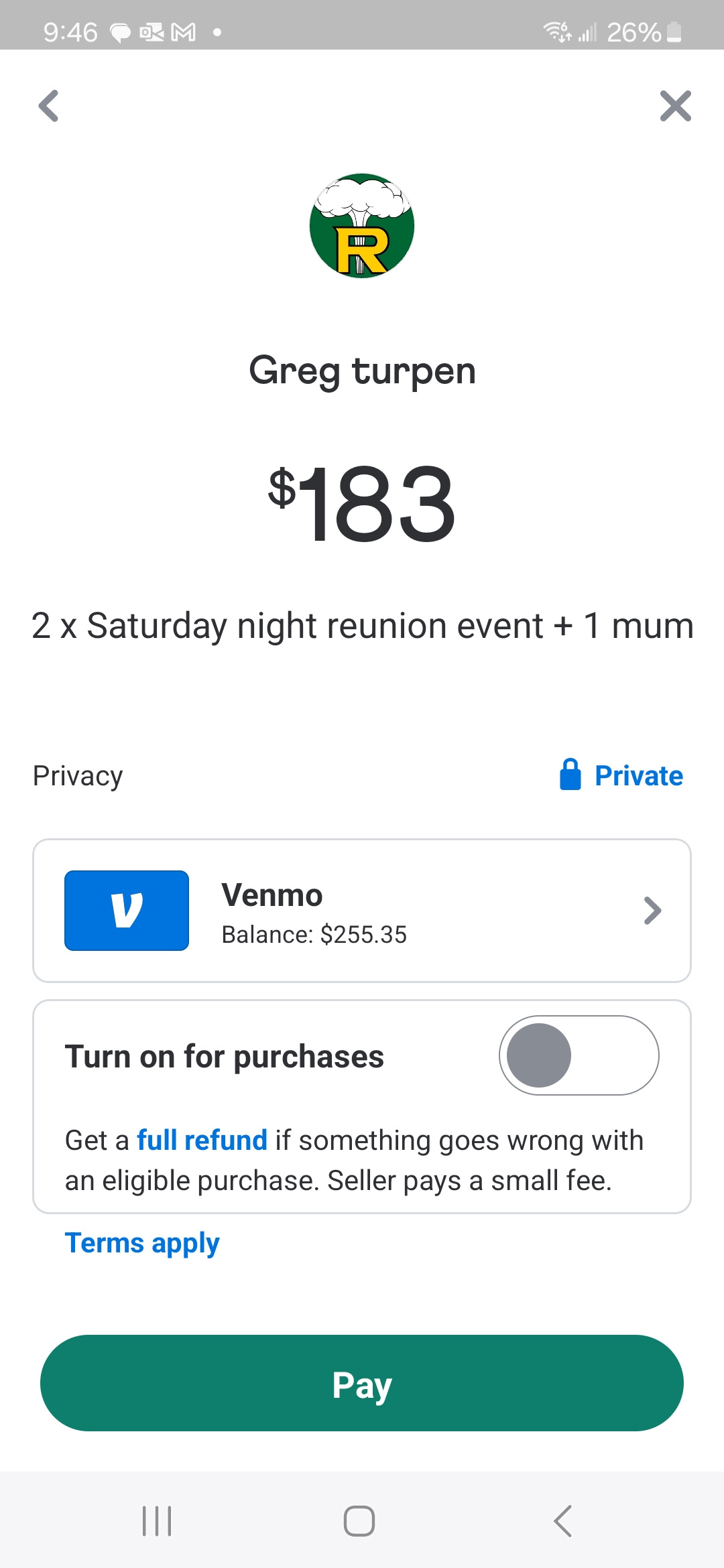 Example of Venmo payment screen